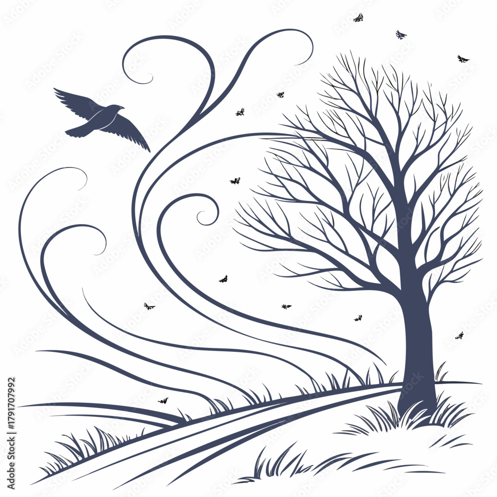 Obraz premium Windy landscape with bare tree, bird and swirling lines