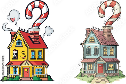 Whimsical candy houses with expressive faces, vector illustration of cheerful and cozy gingerbread homes for festive or symbolic design