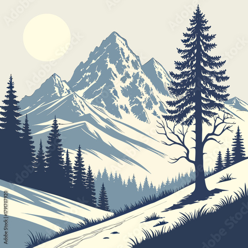 Scenic mountain landscape with pine trees and full moon in the background