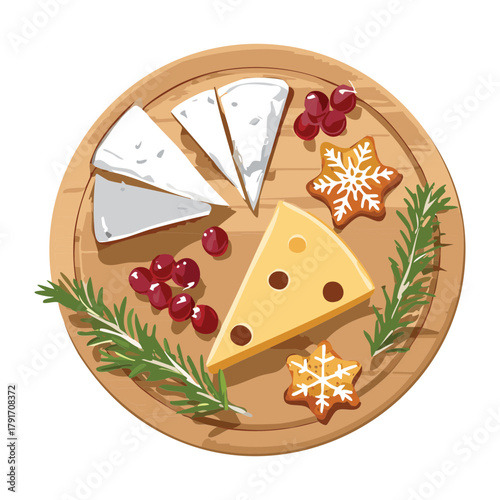 Festive Christmas Cheese Board Platter with Various Cheeses, Cranberries, and Holiday Cracker Snacks - Vector Illustration