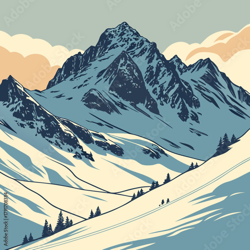 Snowy mountain range with clouds in the sky, vector illustration design