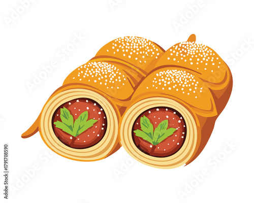 Savory meat-filled pastry roll, sliced in half to show the filling and topped with sesame seeds for a flaky texture - Vector Illustration