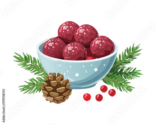 Light blue bowl filled with homemade savory meatballs, garnished with winter pine cones and red cranberries for a holiday event - Vector Illustration