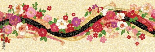 和風の模様、花とリボンが流れるようなデザインのベクターイラスト