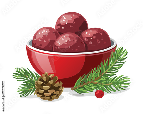Red bowl of delicious savory meatballs, garnished with festive pine cones and fresh green evergreen sprigs for holiday serving - Vector Illustration
