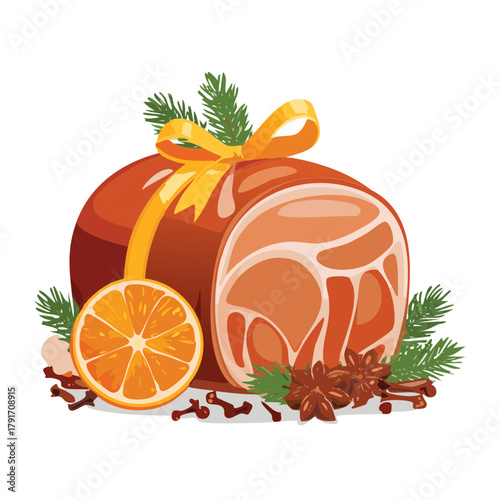 Festive Christmas glazed ham with orange slices and garnish, ready to be served as the holiday centerpiece dish - Vector Illustration