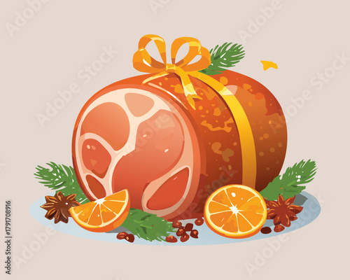 Festive honey glazed ham or roast, beautifully tied with a yellow bow and garnished with cloves and fresh orange slices - Vector Illustration