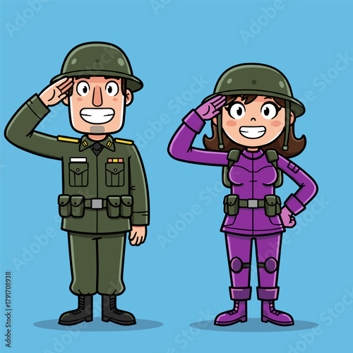 Cartoon male and female soldiers in green and purple uniforms standing at attention and saluting.