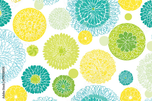 カラフルな水玉模様の背景、繊細な花柄と丸い形状が軽やかで楽しいデザインを構成しています。