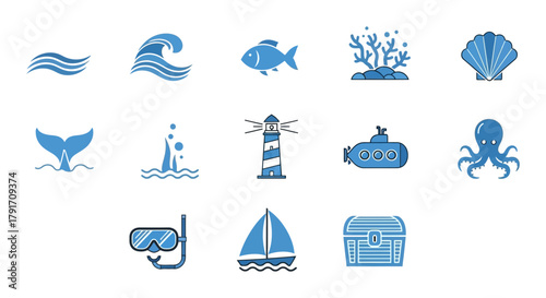 Ocean themed vector icons set featuring sea life waves lighthouse and nautical elements design illustration