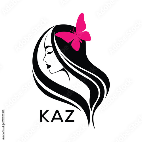 KAZ Elegant Woman Hair Logo with Butterfly. KAZ Beauty Salon, Hairdresser & Feminine Brand Identity KAZ Modern Beauty Design.
