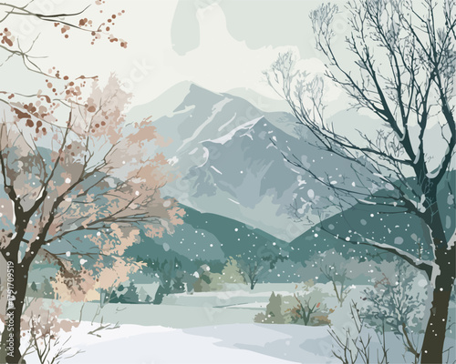 冬の山々を背景にした雪景色と木々、穏やかな自然の風景