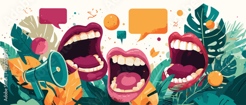 複数の口が大きく開き、活気あるメッセージや会話を表現するベクターイラスト