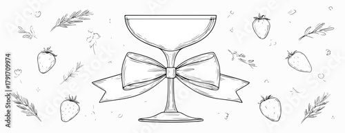 リボンとイチゴが飾られたグラスのベクターイラストで、お祝いや特別な機会を表現。