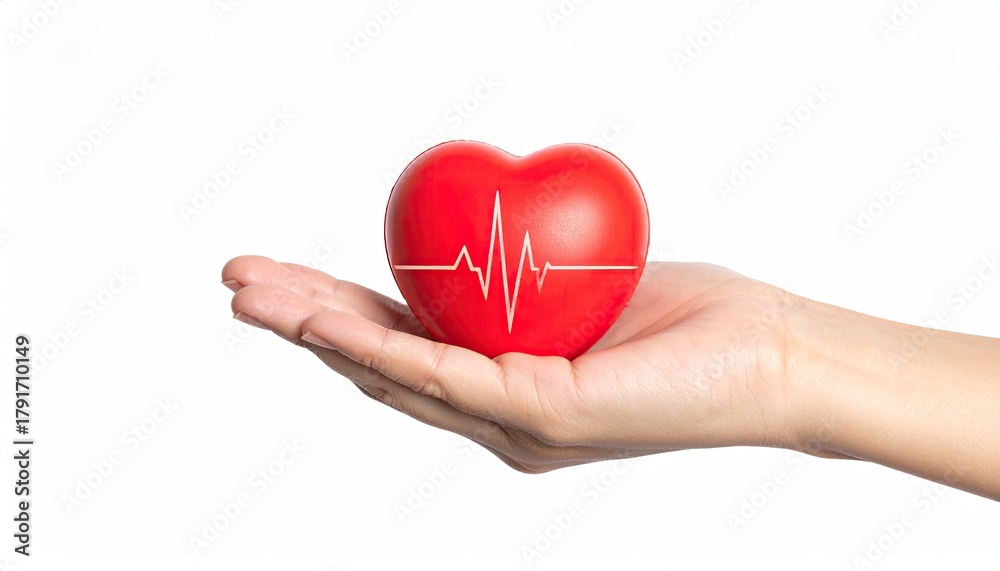 Obraz premium Heart in palm, ECG line. Pure white background. Isolated