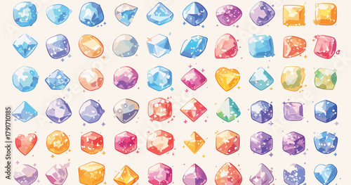 水彩風の宝石イラスト素材集。様々な形と色の輝くクリスタルが描かれています。