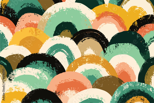 カラフルな水彩風の半円形パターンが重なり合う抽象的な背景デザイン