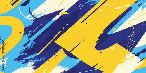 抽象的な幾何学模様の背景、青と黄色のアートデザイン、ダイナミックなブラシストロークと線