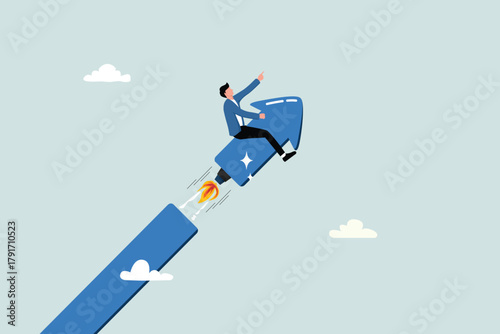 Investment growth boosts profit gains, increases market returns or spurs rapid growth, startup launch projects or improvement concepts, businesspeople ride an upward arrow with rocket boosters.