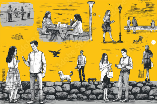 人々が公園や海辺でリラックスして過ごす、日常の風景を描いたイラストレーション。