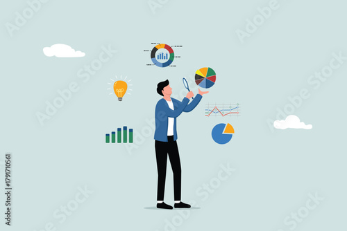 Data analysis charts and reports, financial research or information analysis for marketing insights, analytical or optimization diagrams, businesspeople analyzing data with a magnifying glass.