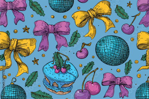 キラキラしたディスコボールとリボン、チェリーが描かれた楽しいベクターパターン