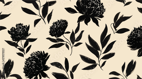 黒い牡丹の花と葉のシームレスなパターンデザイン、エレガントでミニマルなテクスチャ