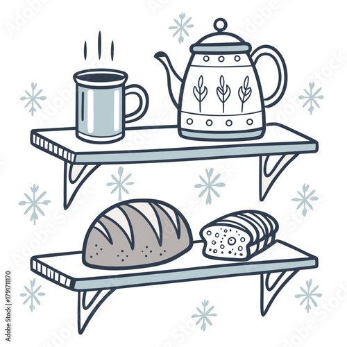 A cozy winter scene with food and drink on shelves