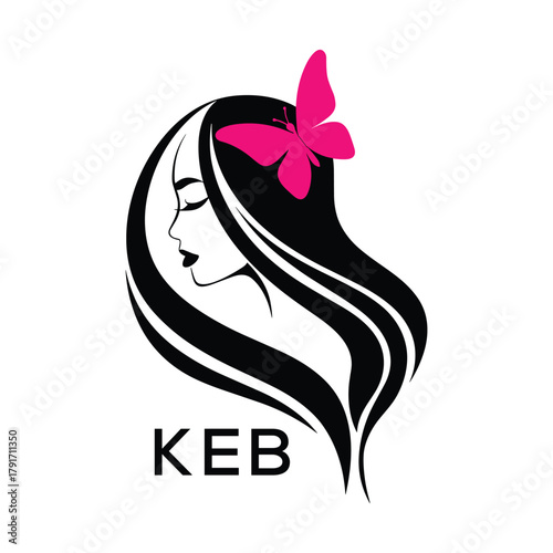 KEB Elegant Woman Hair Logo with Butterfly. KEB Beauty Salon, Hairdresser & Feminine Brand Identity KEB Modern Beauty Design.
