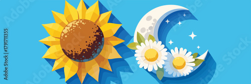 太陽と月と花々が織りなす、昼と夜の自然の美しさを表現したベクターイラスト。