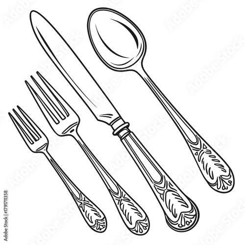 Elegant silverware set, including fork, knife, spoon