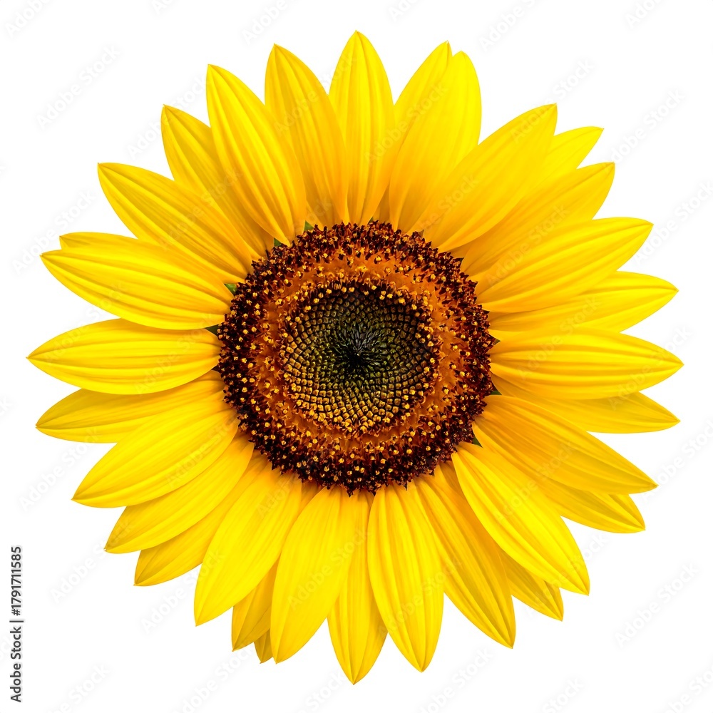 Fototapeta premium A radiant sunflower with bright yellow petals surrounding a textured brown center on a white background