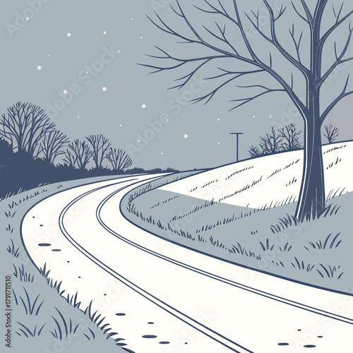 Illustration of a winter road at night with stars