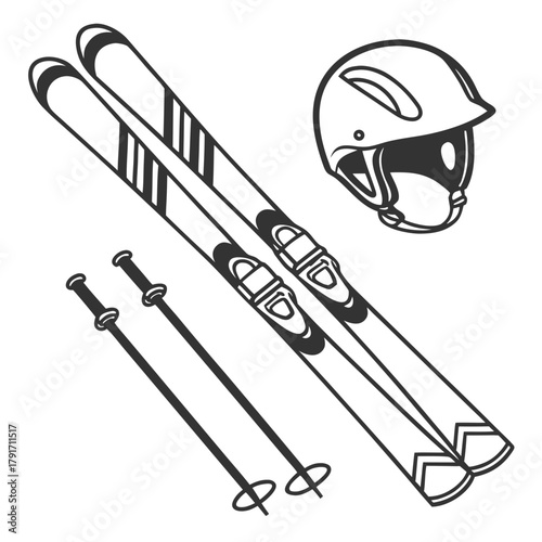 Illustration of ski equipment including skis, poles, and helmet