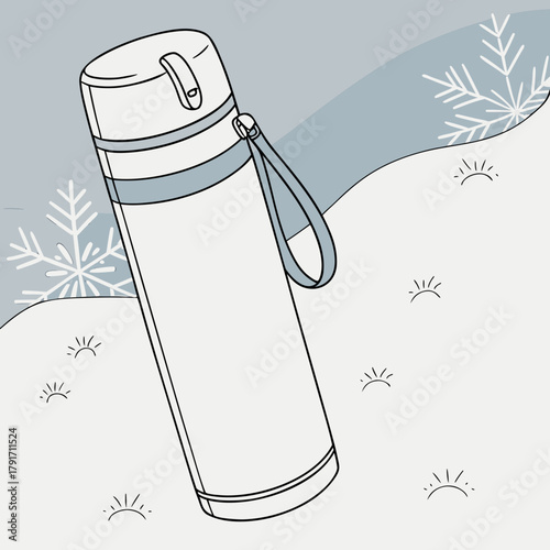 Insulated thermos bottle in a snowy winter landscape