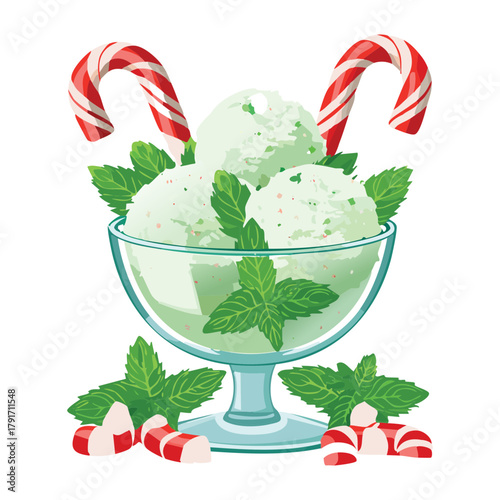 Festive mint ice cream in a glass bowl, decorated with candy canes and fresh mint leaves for a cold holiday dessert - Vector Illustration