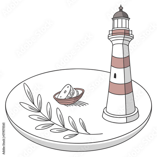 Lighthouse and boat on plate, sea adventure