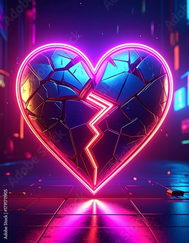 A glowing, fractured heart with neon outlines stands against a blurred, colorful, urban background