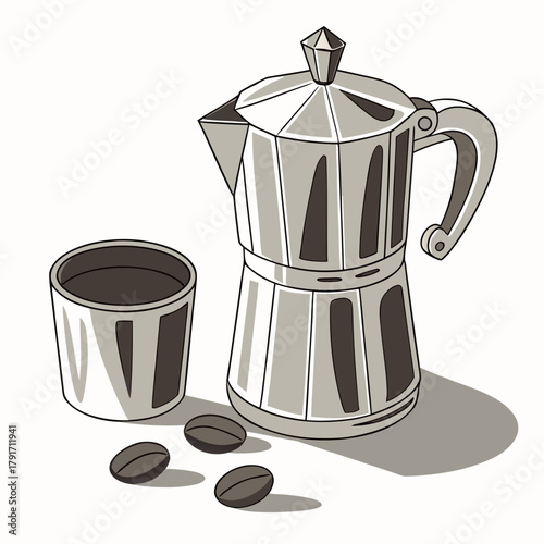 Moka pot with coffee cup and coffee beans