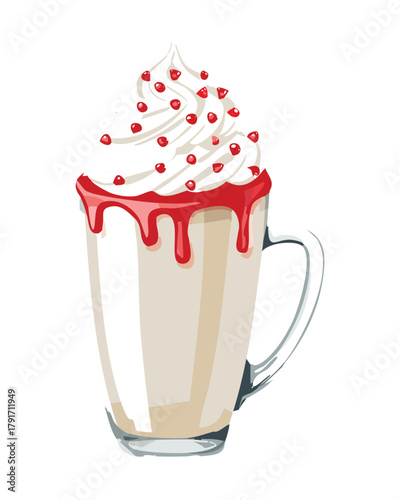 Rich chocolate and vanilla sundae dessert, adorned with gingerbread cookies, wafer sticks, and whipped cream topping - Vector Illustration