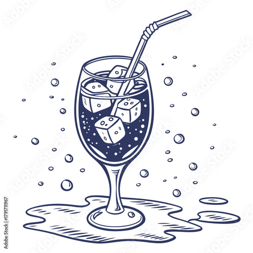 Refreshing drink with ice cubes and a straw