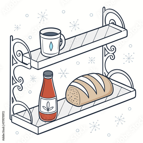 Shelf with bread, ketchup, and a mug