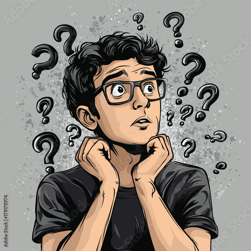 Contemplative individual pondering questions with confusion amidst a grey backdrop   , vector style simple color