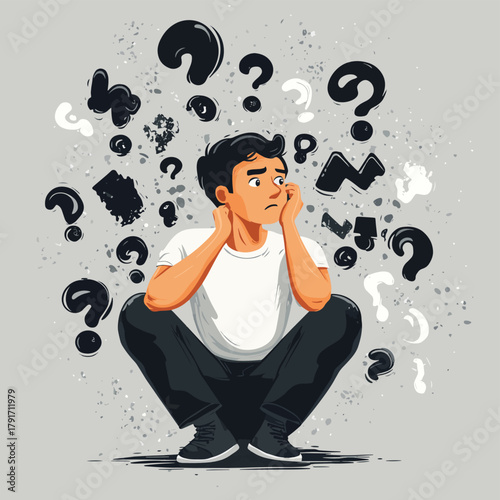 Contemplative individual pondering questions with confusion amidst a grey backdrop   , vector style simple color