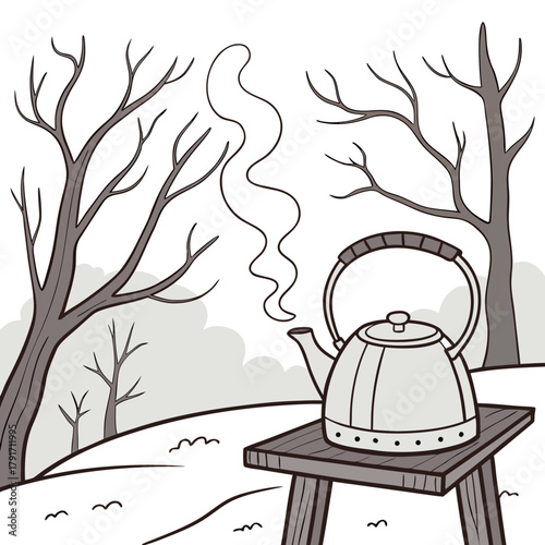 Teapot on a stool in a winter landscape with bare trees