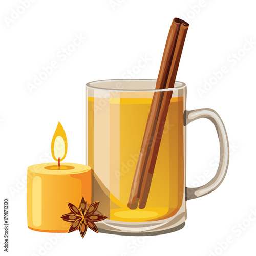 Simple Warm Spiced Cider or Grog with Cinnamon Sticks and Star Anise Served in a Glass Mug with Candlelight - Vector Illustration