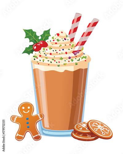 Classic Eggnog Latte with Holly Berries, Whipped Topping, and Christmas Sprinkles in a Clear Glass Mug for Festive Warmth - Vector Illustration
