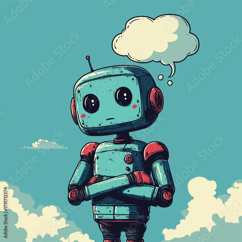 A cartoon illustration of a robot with crossed arms