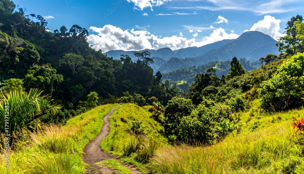 Obraz premium Lush valley trail under a vibrant sky
