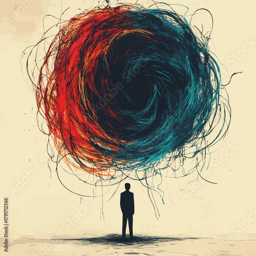 A characters thoughts are shown as a tangled ball of string, with different strands representing different thoughts and memories. Psychology art   , vector style simple color